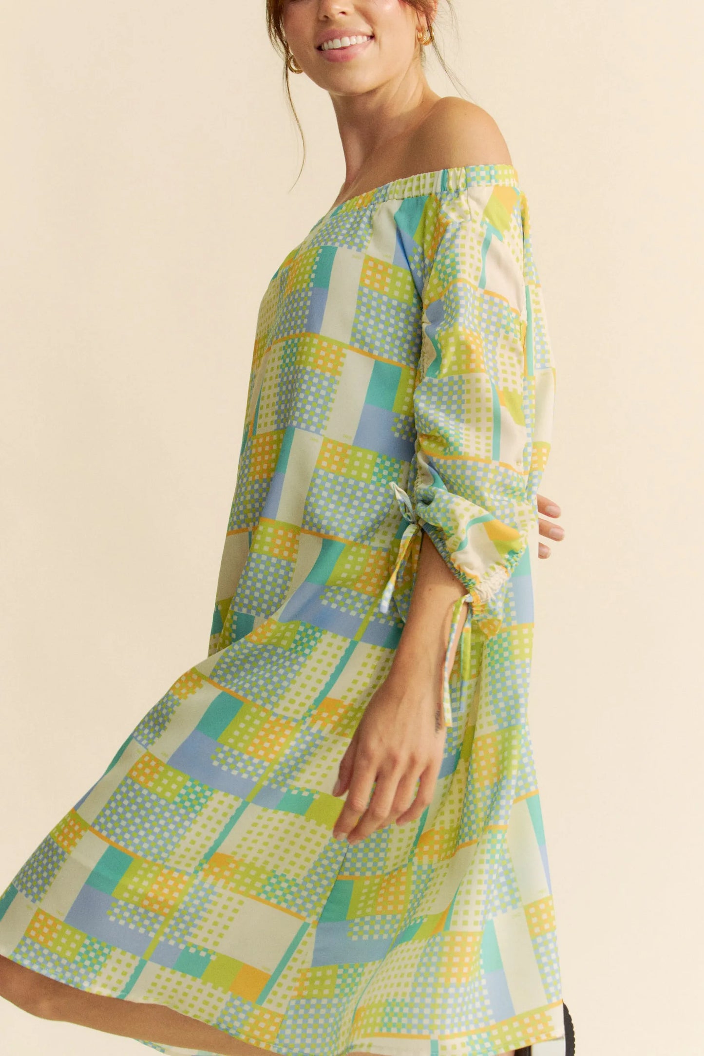 Davi & Dani Printed Off Shoulder Drawstring Sleeve Mini Dress