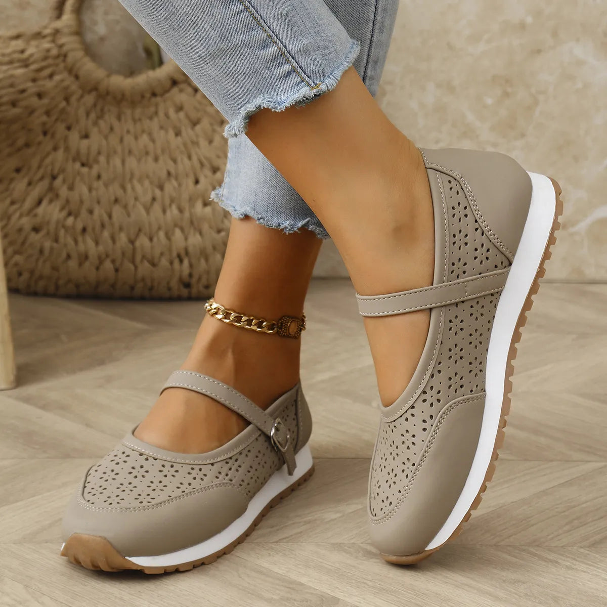 Round Toe Flats Sneakers Khaki