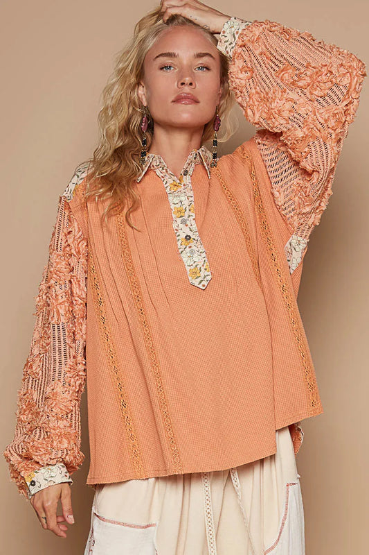 POL Floral Half Button Lace Detail Long Sleeve Top