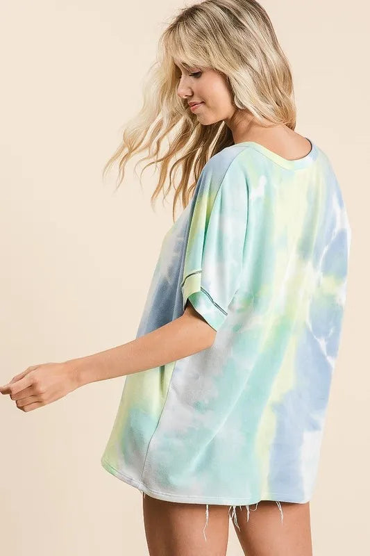 BiBi Tie Dye French Terry Top With Buttoned Placket