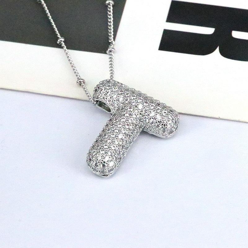 Copper Inlaid Zircon Letter Pendant Necklace Style T One Size