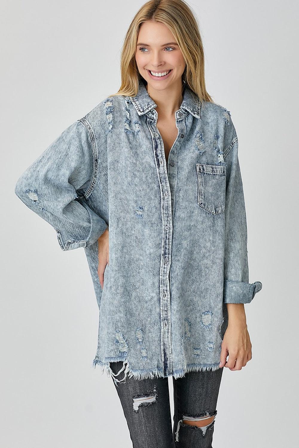 RISEN Distressed Raw Hem Denim Shirt Acid Light