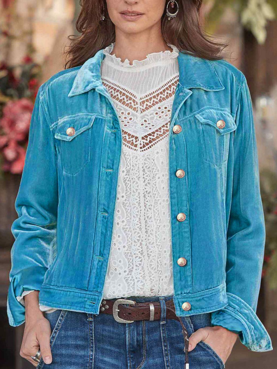 Button Up Long Sleeve Jacket with Chest Pockets Cerulean