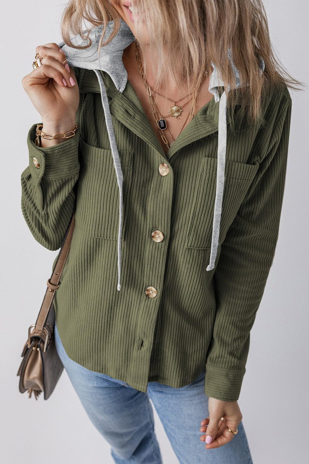 Drawstring Button Up Long Sleeve Hooded Jacket Moss