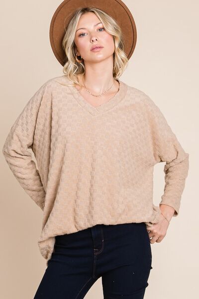 BOMBOM Checkered Long Sleeve V-Neck T-Shirt Tan