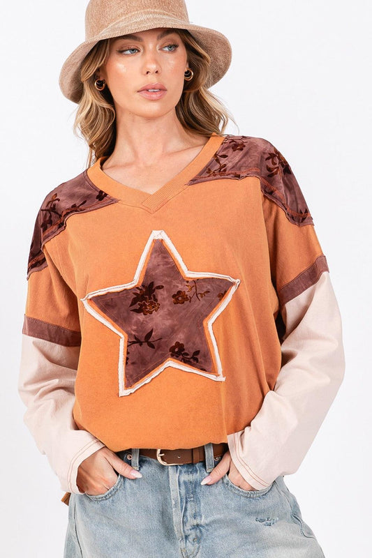 SAGE + FIG Star Patch Long Sleeve Color Block T-Shirt Rust