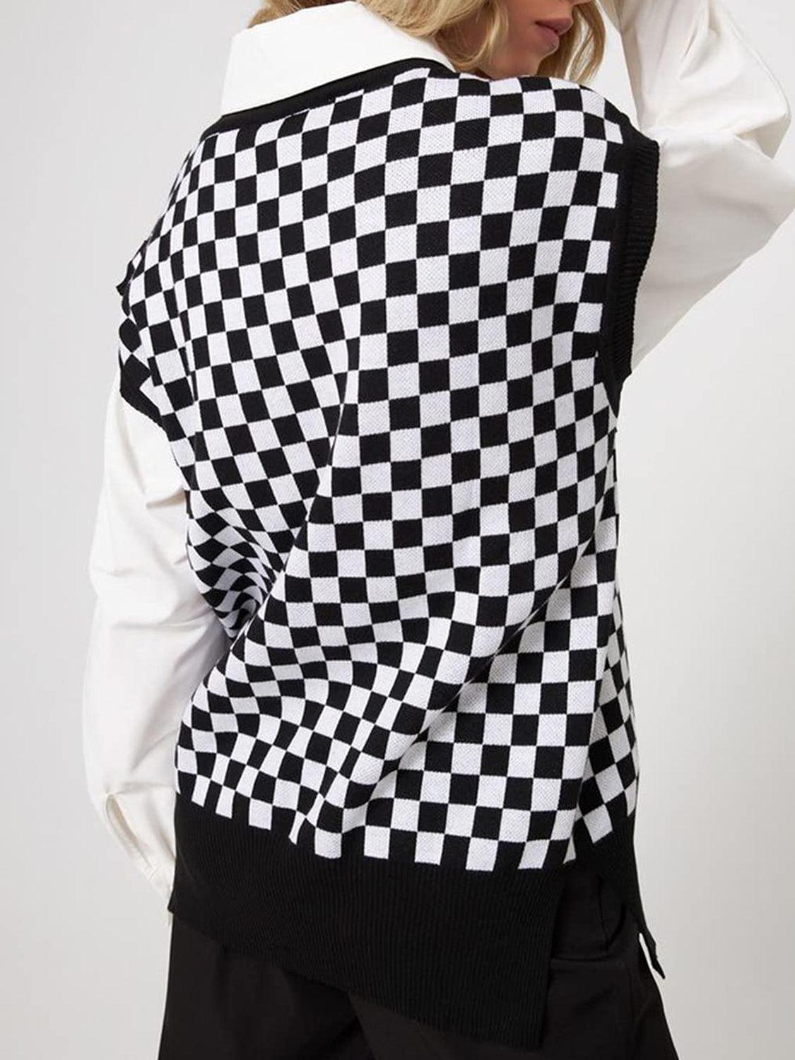Full Size Checkered V-Neck Sweater with Cap Sleeves