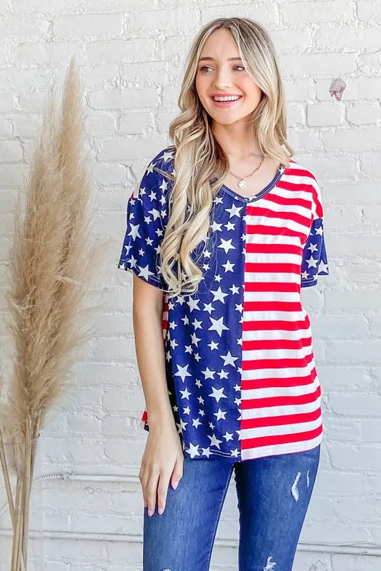 And The Why American Flag Short Sleeve Top RED NAVY