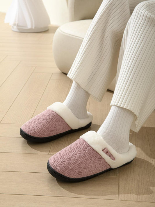 Horn Buckle Furry Texture Flat Slippers Dusty Pink