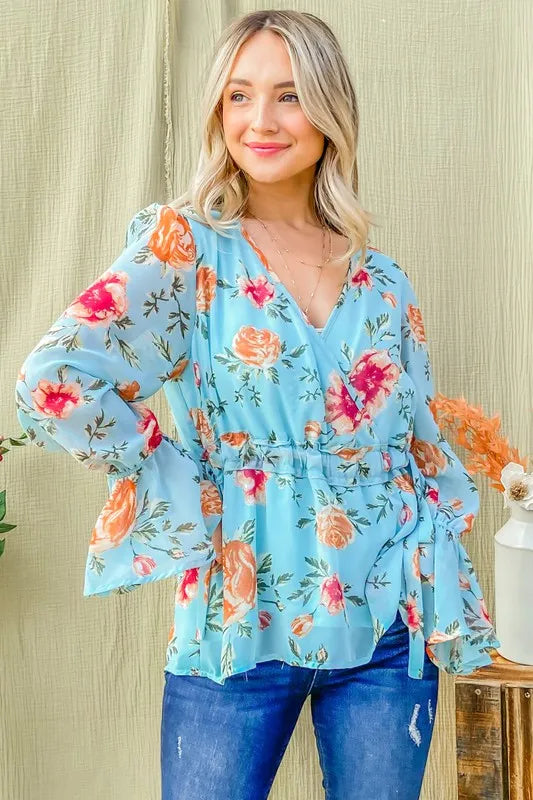 And The Why Floral Print Draw String Bell Sleeve Top