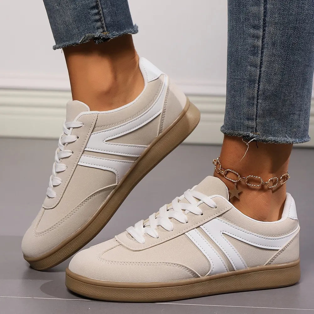 Lace Up Round Toe Flat Sneakers Beige