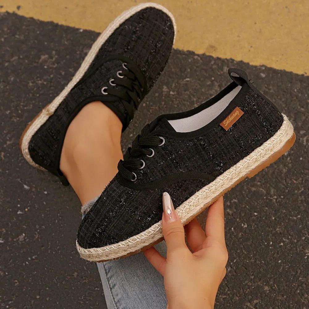 Lace Up Round Toe Flats Tweed Sneakers Black