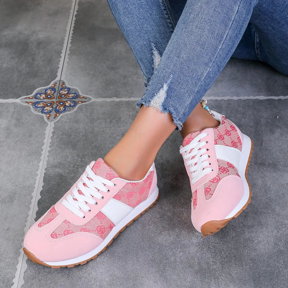 Contrast Round Toe Flat Sneakers Pink