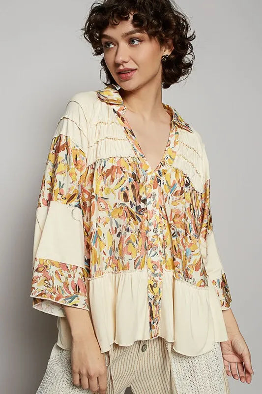 POL Frill Floral Johnny Collar Shirring Raglan Sleeve Shirt