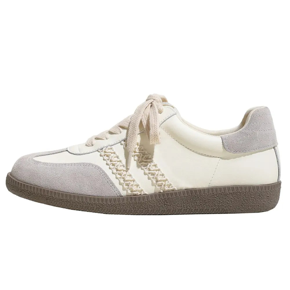 Lace Up PU Leather Round Toe Flats Sneakers White