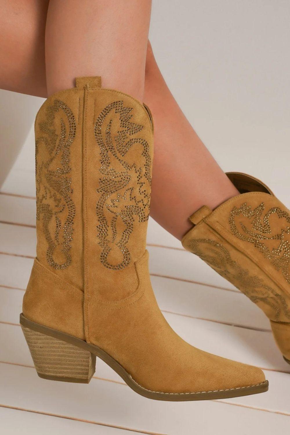 Beast Fashion Rhinestone Detail Point Toe Boots Camel