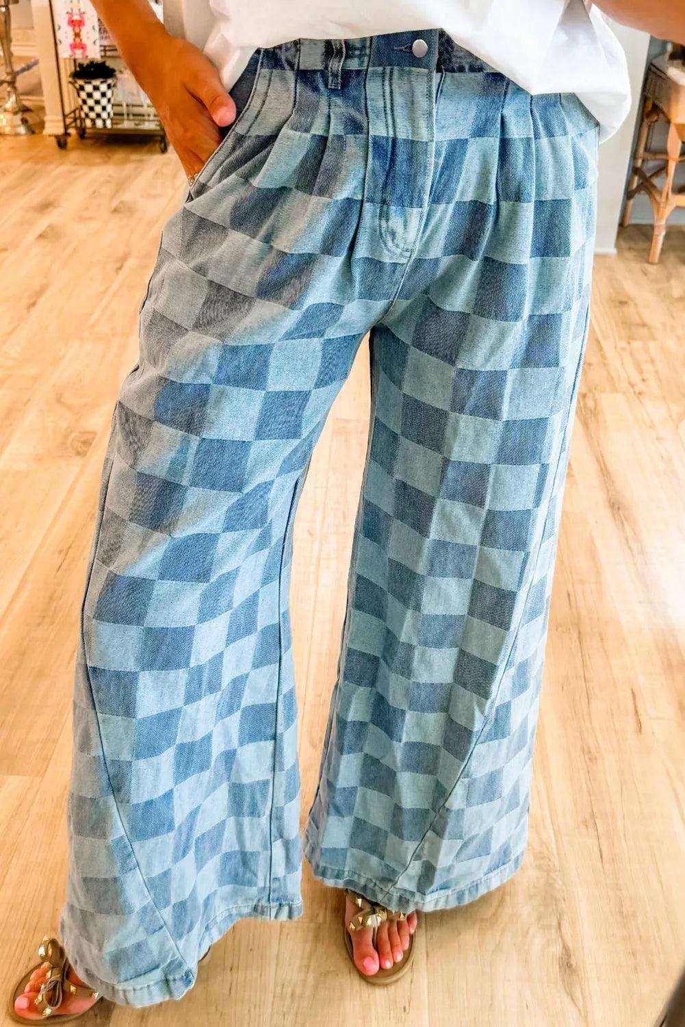 Checkered Wide Leg Jeans with Pockets Dusty Blue