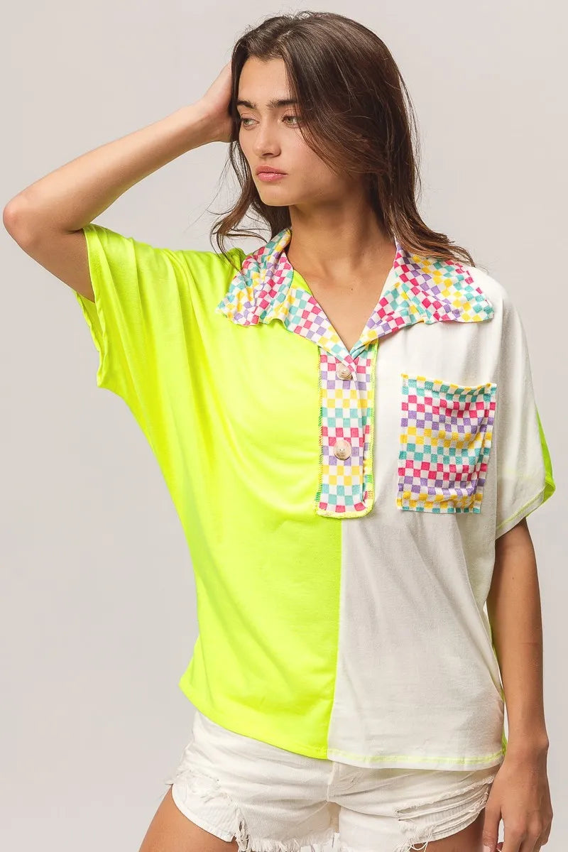BiBi Color Block Knit with Multi Checker Contrast Top NEON YELLOW
