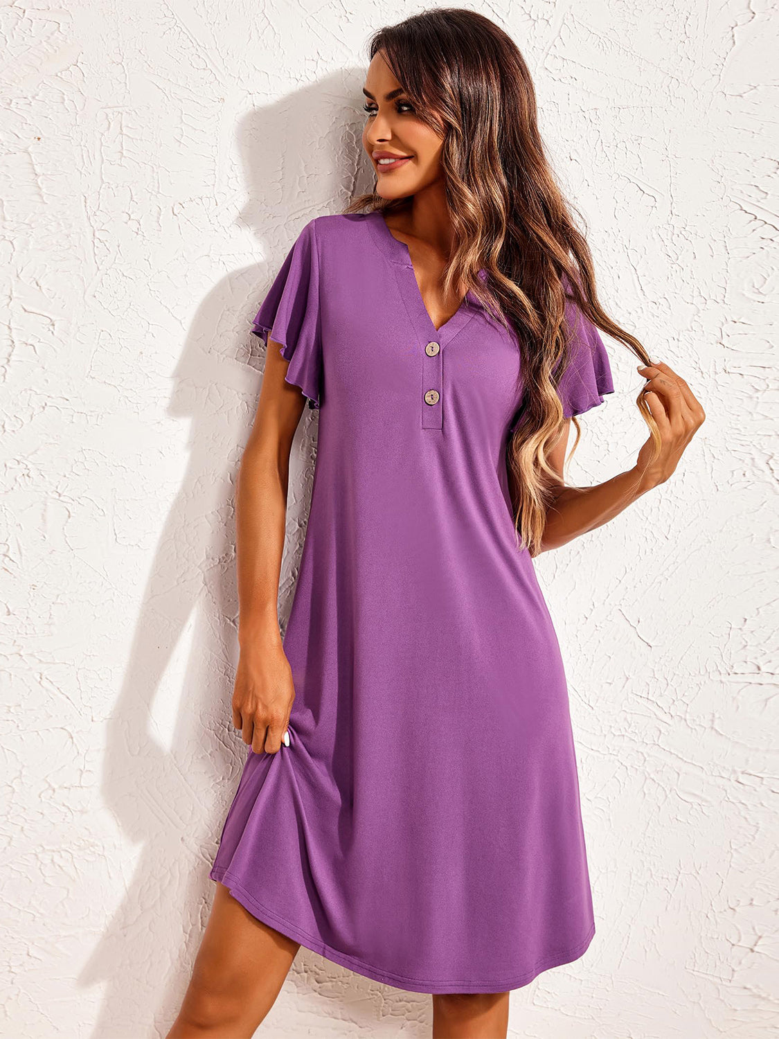 Notched Short Sleeve Lounge Dress Mauve
