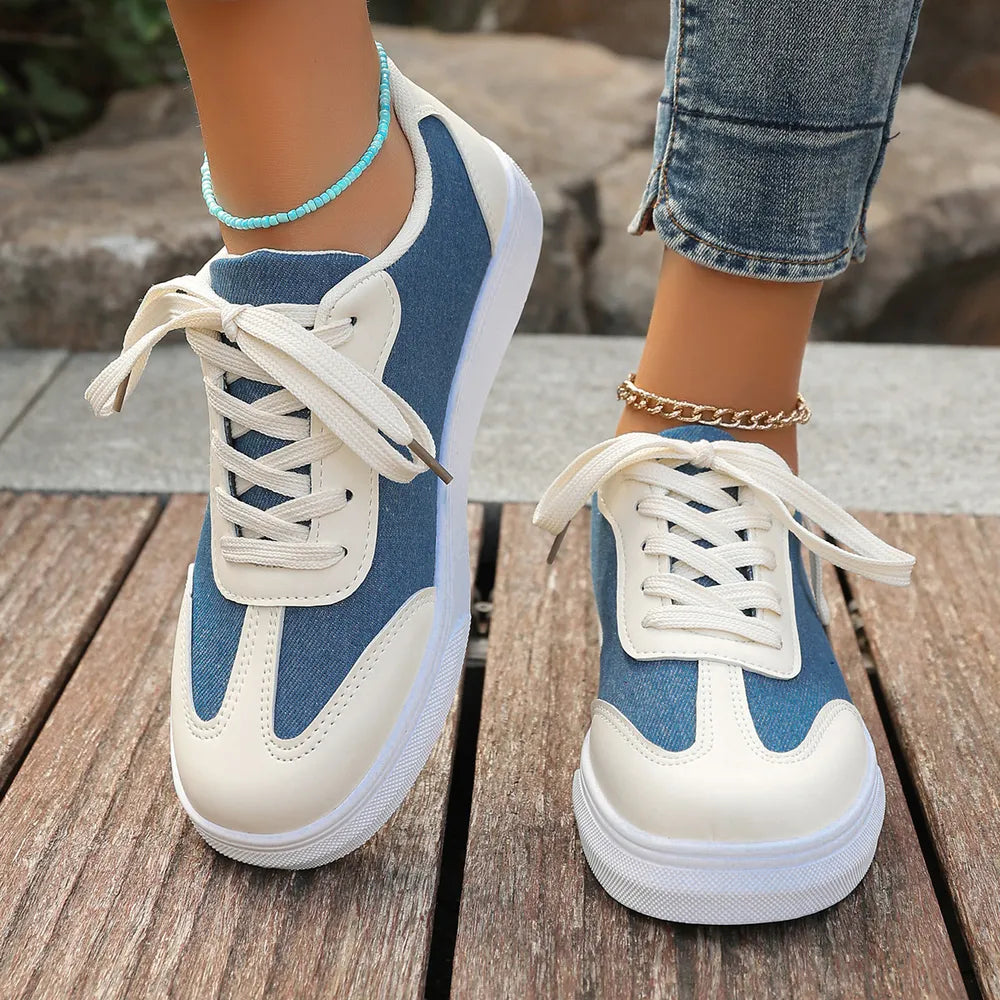 Contrast Round Toe Lace Up Sneakers Beige