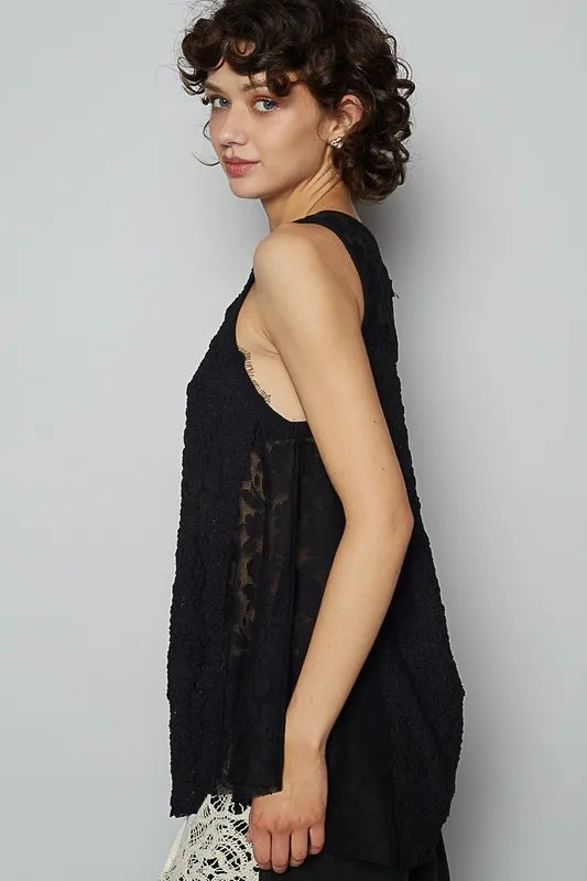 POL Crochet Lace Mix Button Detail Round Neck Tank