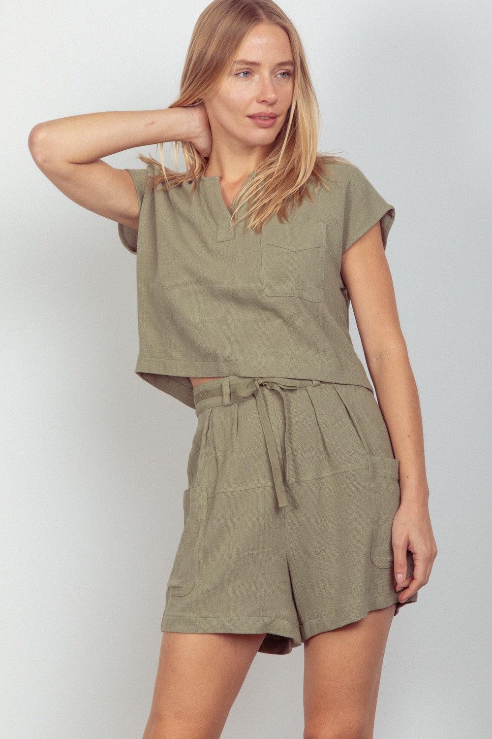 VERY J Woven Cropped Top & Waist Tie Shorts Set SAGE