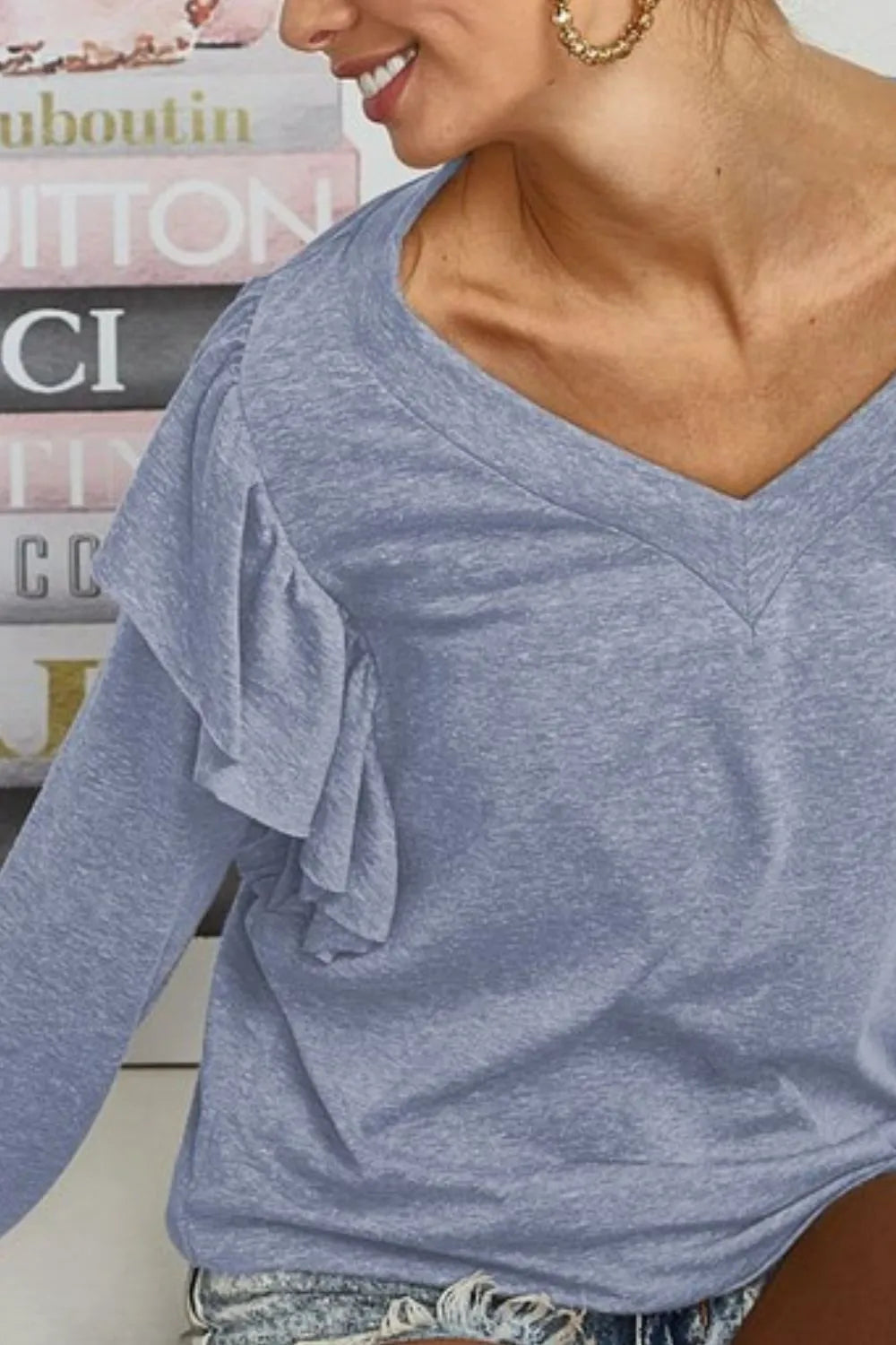 BiBi Triblend V Neck Top with Shoulder Shrring Detail