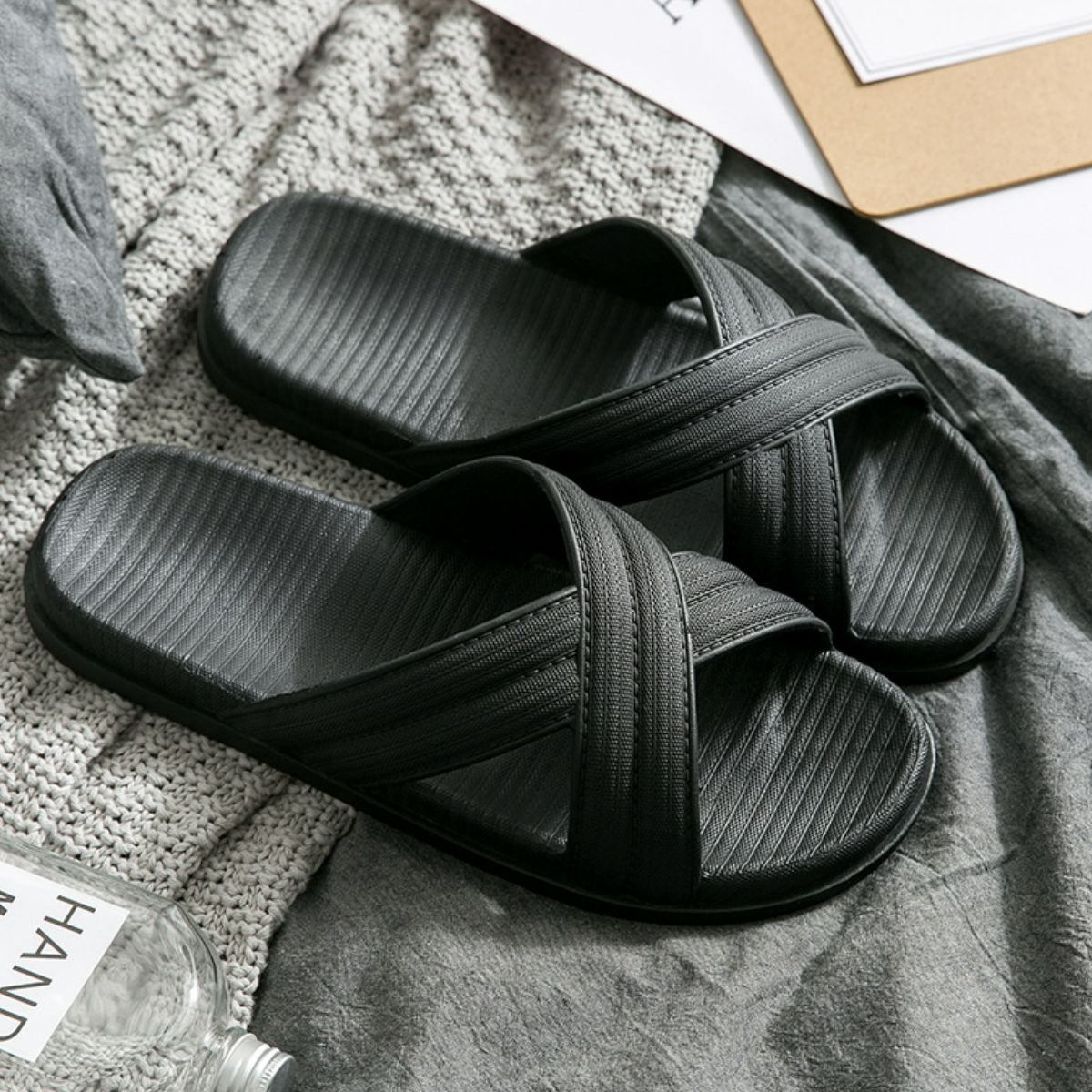 Open Toe Platform Slippers Black