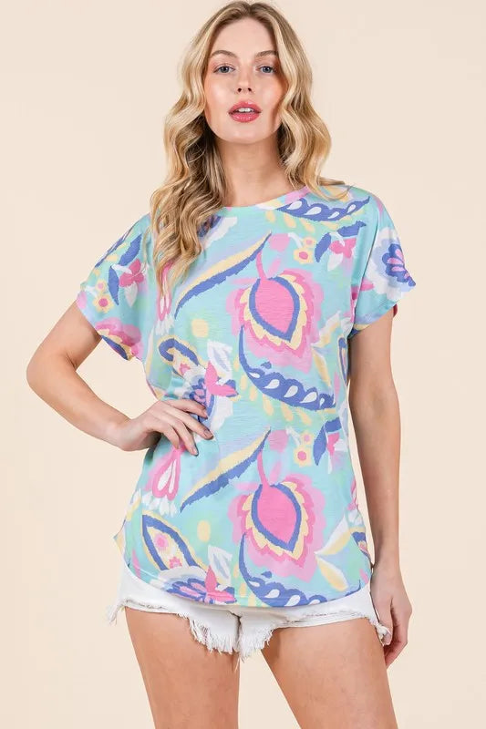 BOMBOM Lightweight Printed Round Neck Short Sleeve T-Shirt Mint Blue