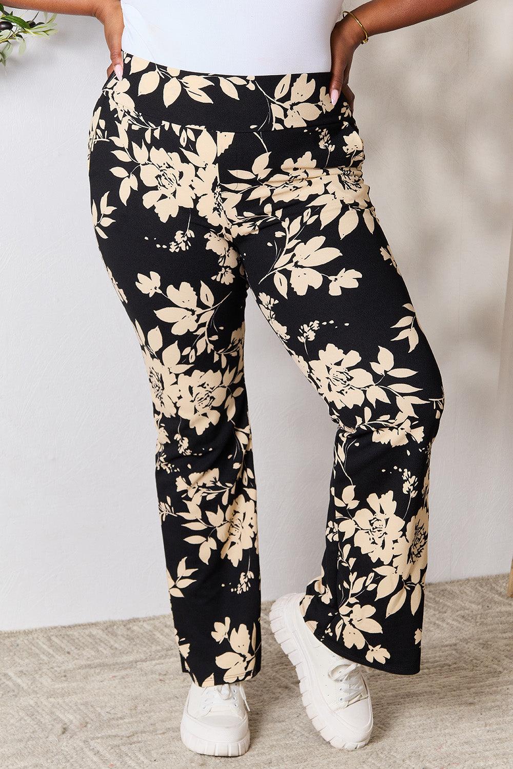 Heimish Full Size High Waist Floral Flare Pants Black Taupe