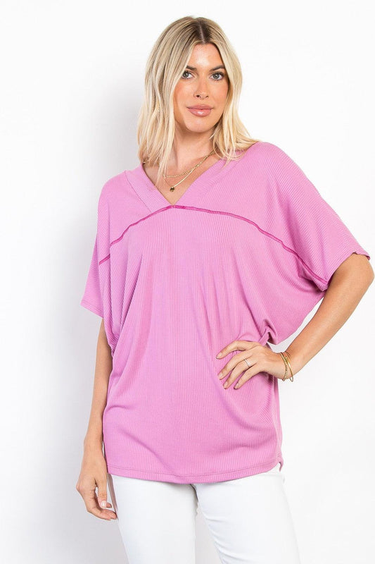 Be Stage Full Size V-Neck Short Sleeve Ribbed Top Charm Pink
