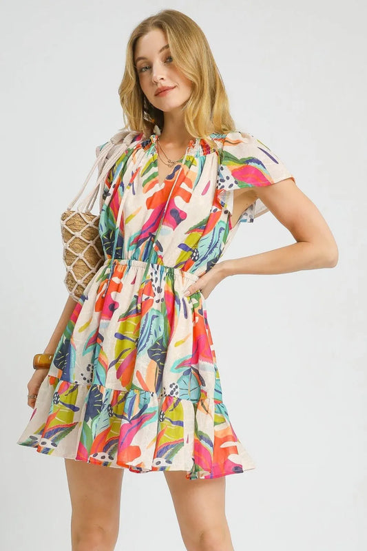 Umgee Printed Tie Neck Ruffled Hem Dress Orange
