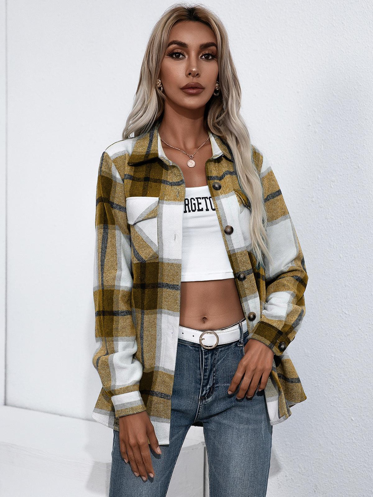 Ivy Lane Plaid Button Up Flannel Shirt Gold