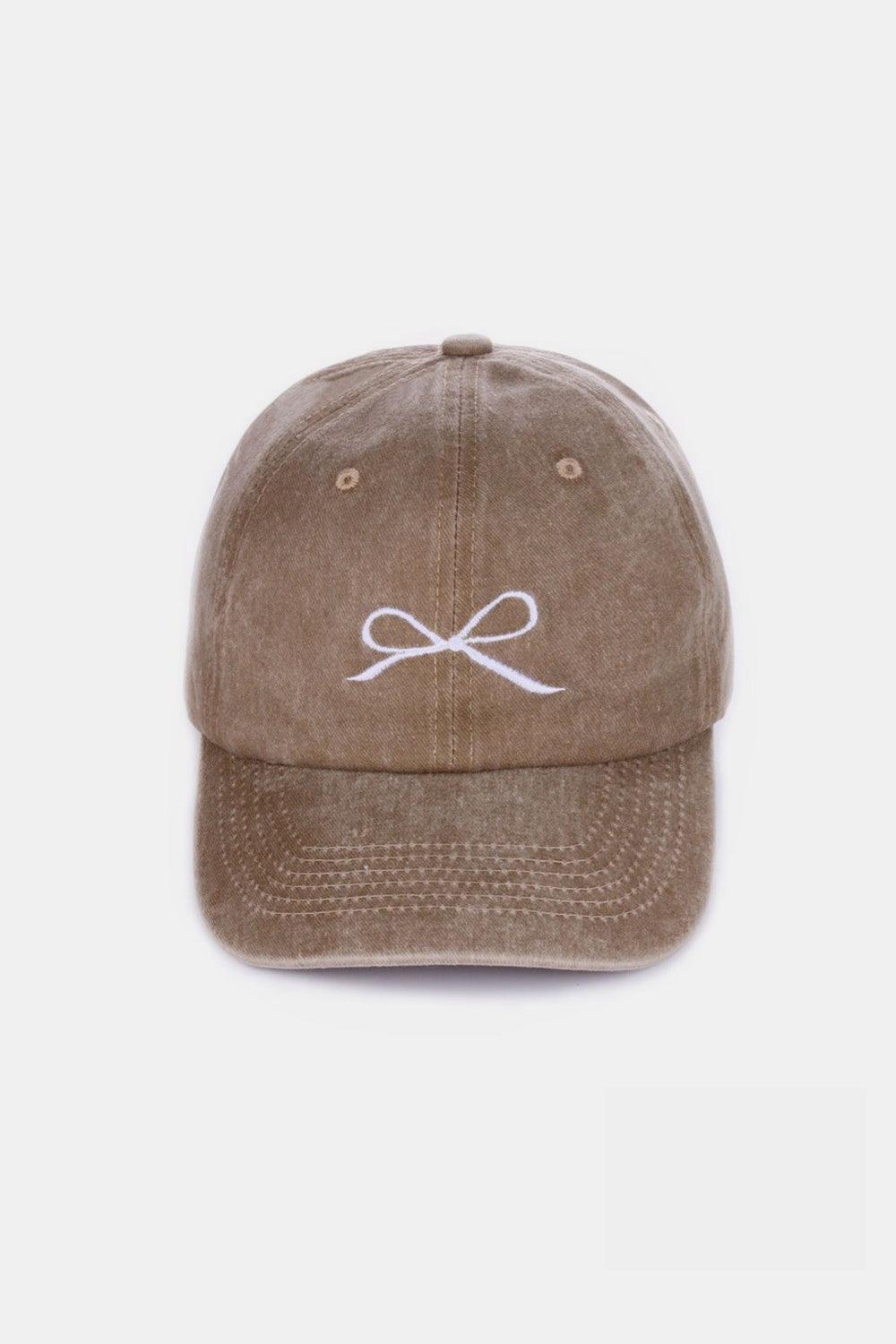 Zenana Bow Embroidered Washed Cotton Caps Mocha One Size