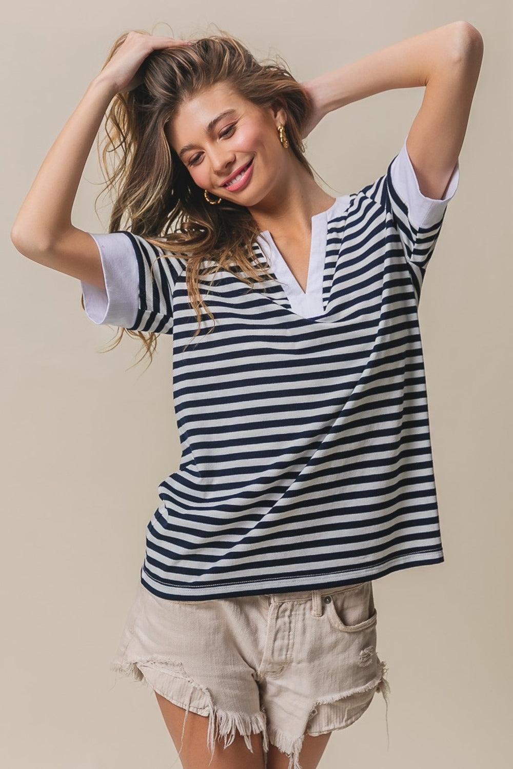 BiBi Contrast Striped Notched Knit Top Black Ivory