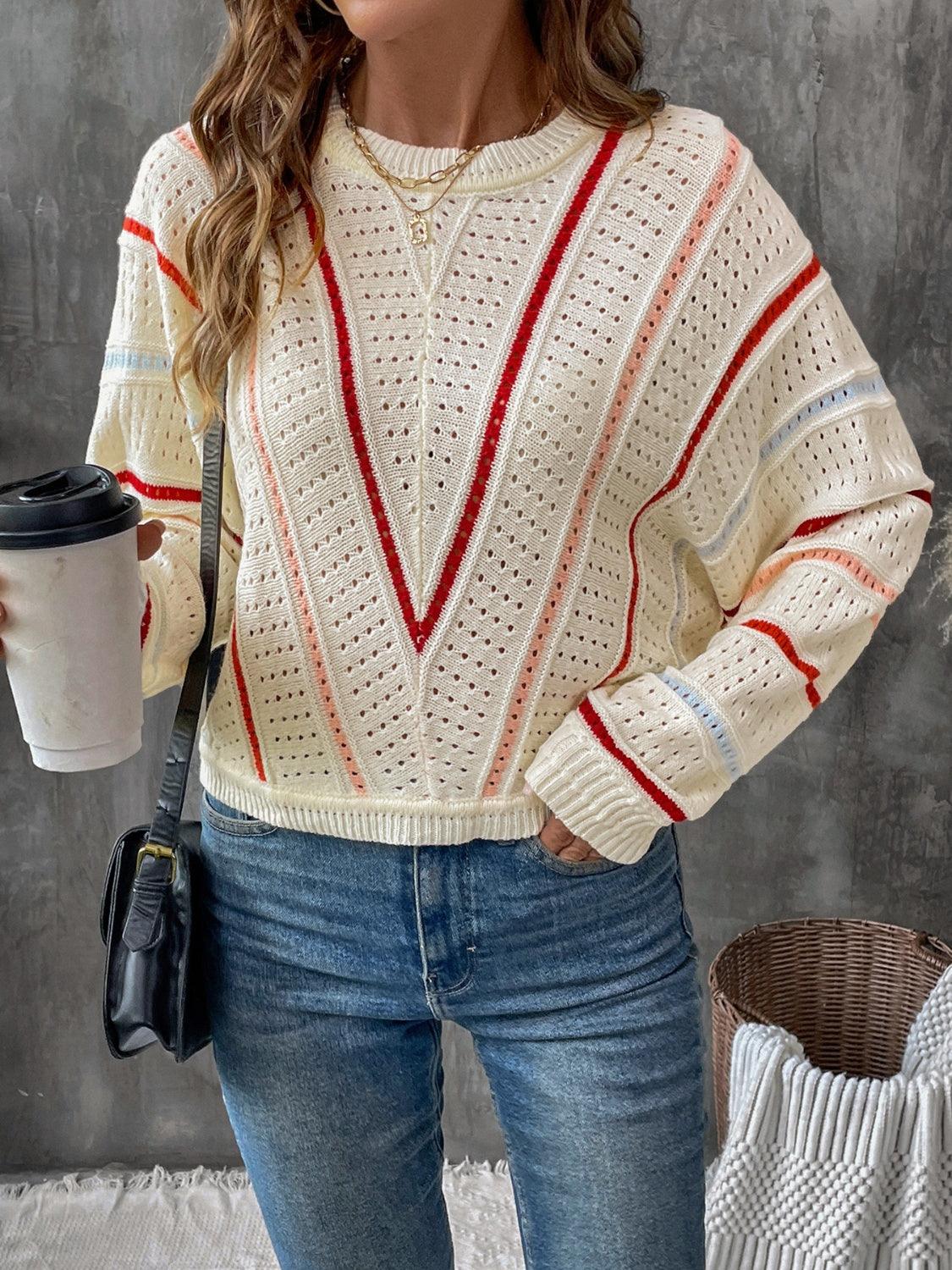 Perfee Eyelet Round Neck Long Sleeve Sweater Tan