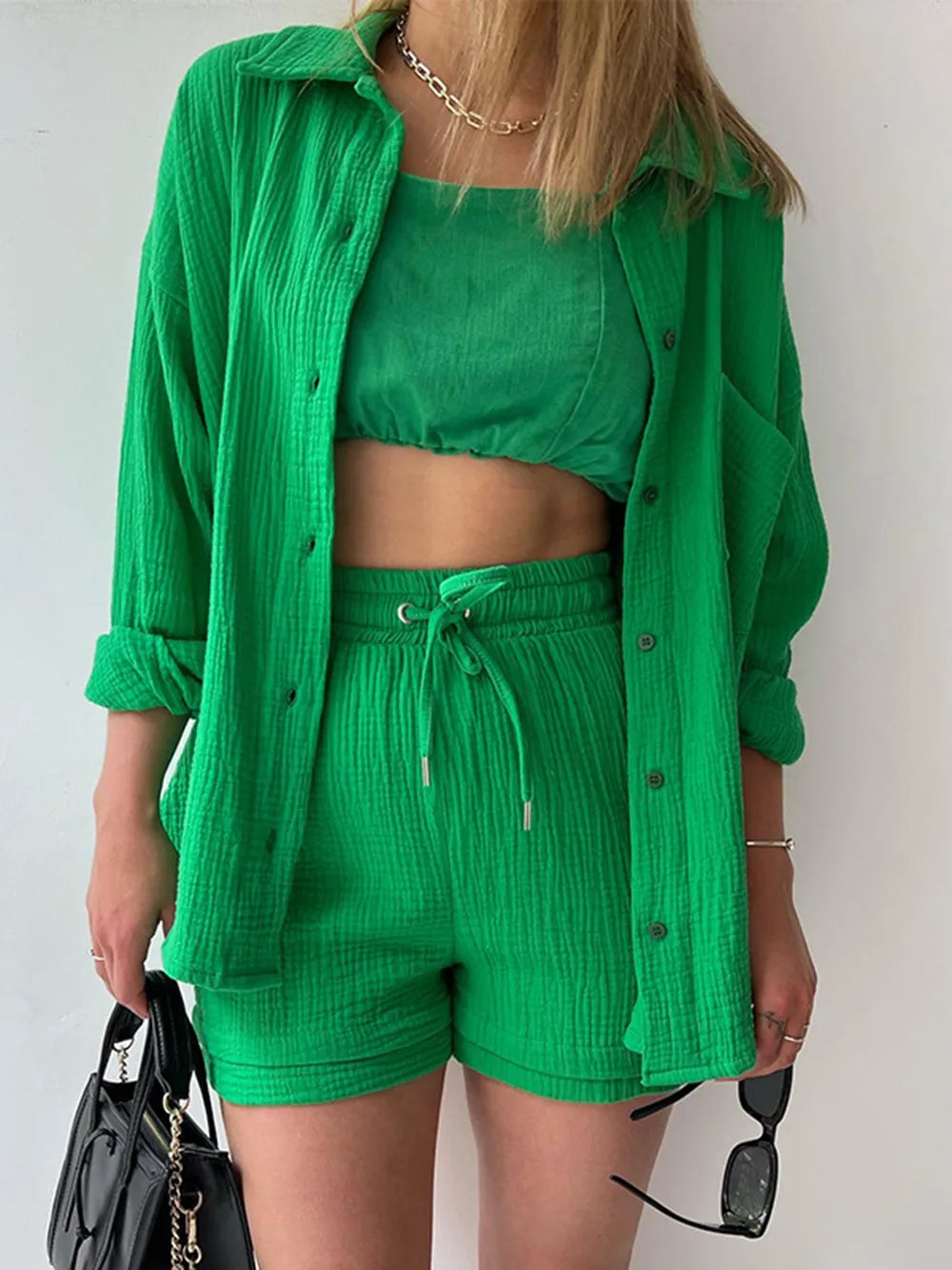 Texture Button Up Shirt and Drawstring Shorts Set Green