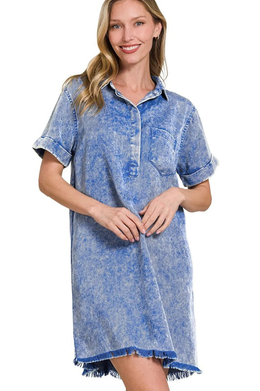 Zenana Tencel Mineral Washed Collared Shirts Dress
