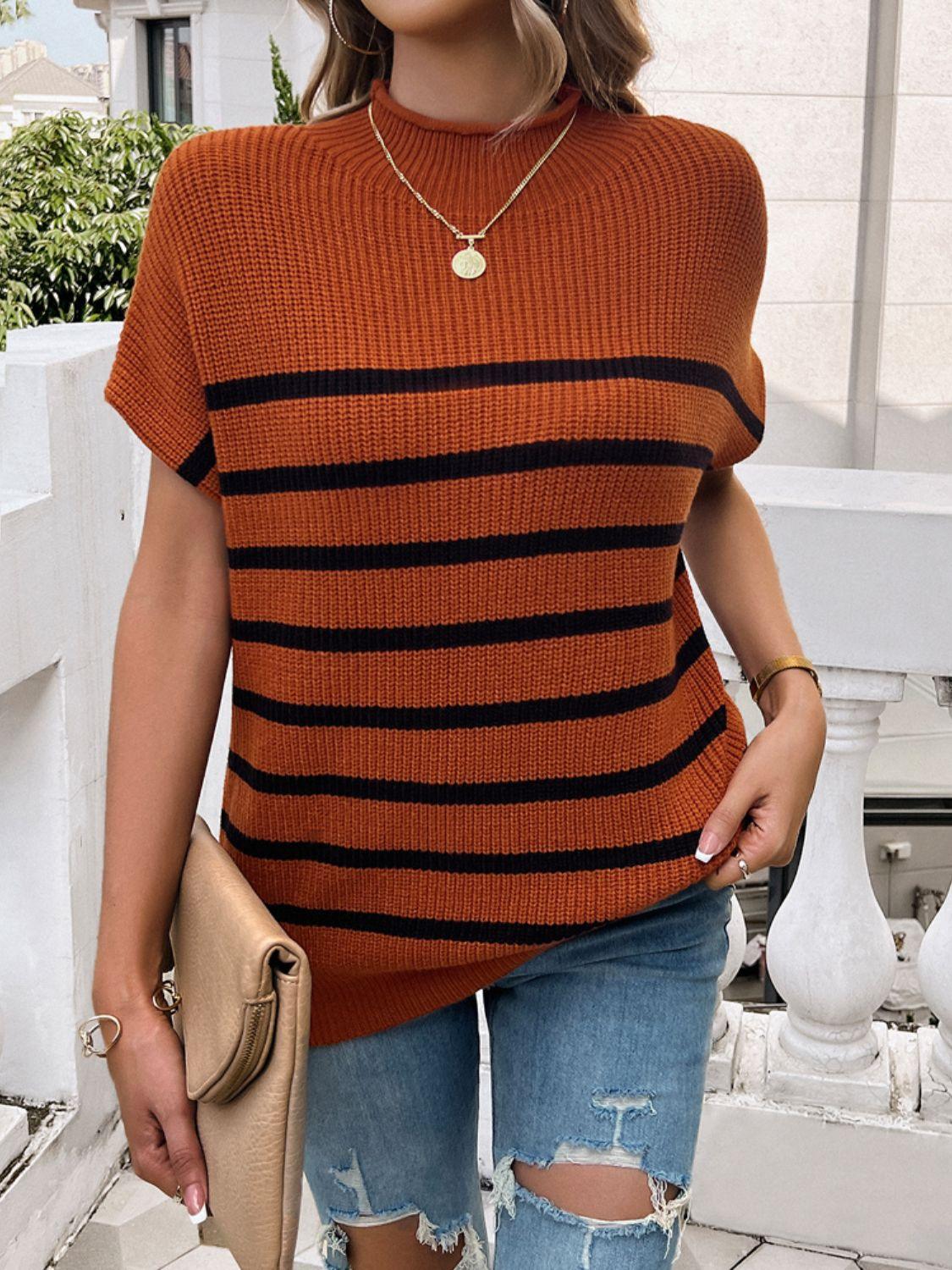 Devine Striped Mock Neck Short Sleeve Sweater Terracotta