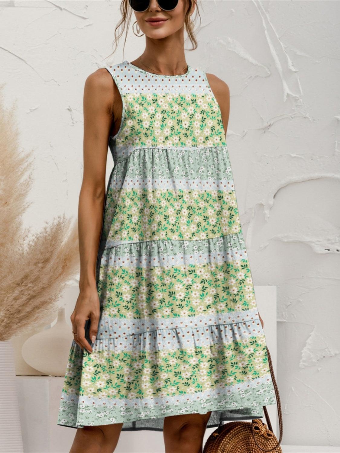Tiered Printed Round Neck Sleeveless Dress Gum Leaf