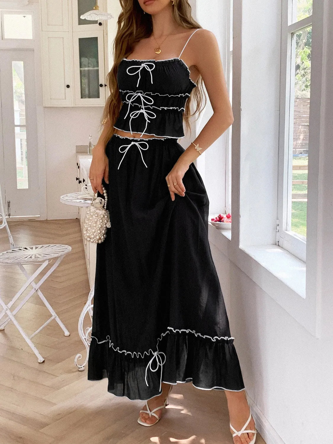 Frill Square Neck Cami and Skirt Set Black