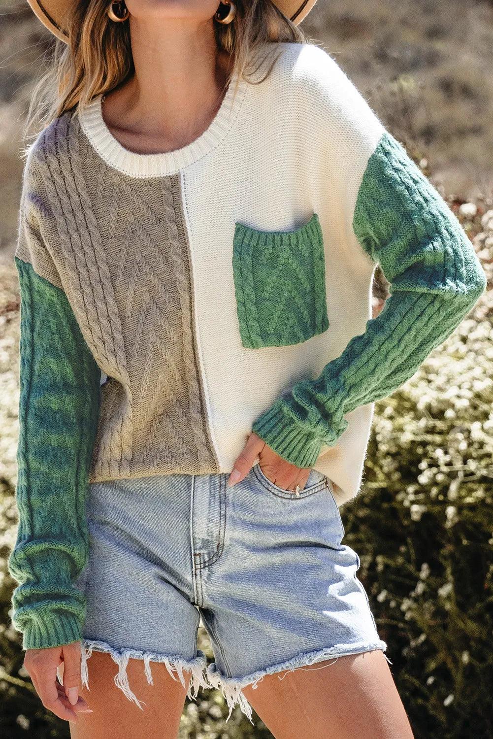 Color Block Round Neck Long Sleeve Sweater Matcha Green