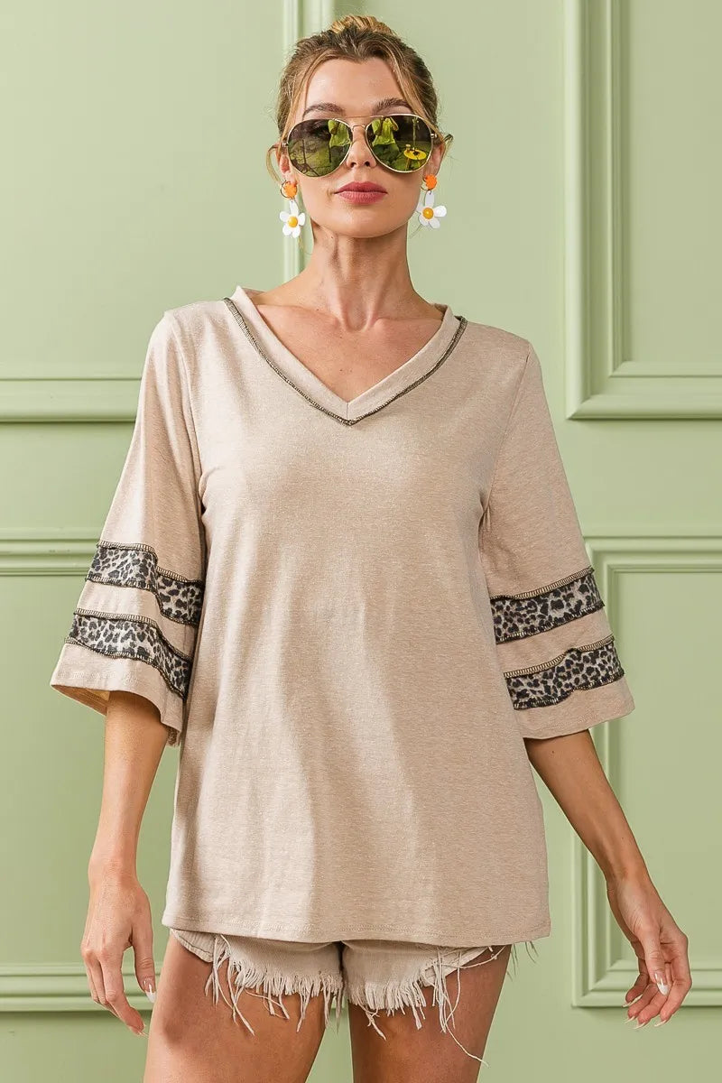 BiBi Triblend Knit Top with Leopard Band Detail OATMEAL