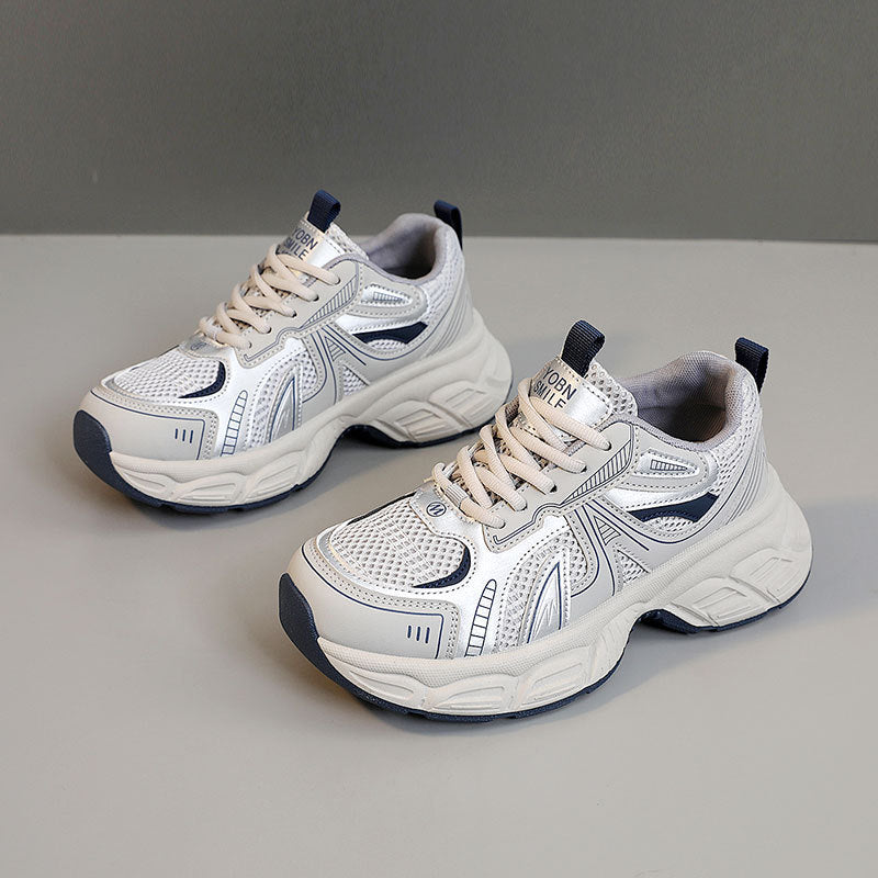 Mesh Lace Up Round Toe Platform Athletic Light Gray