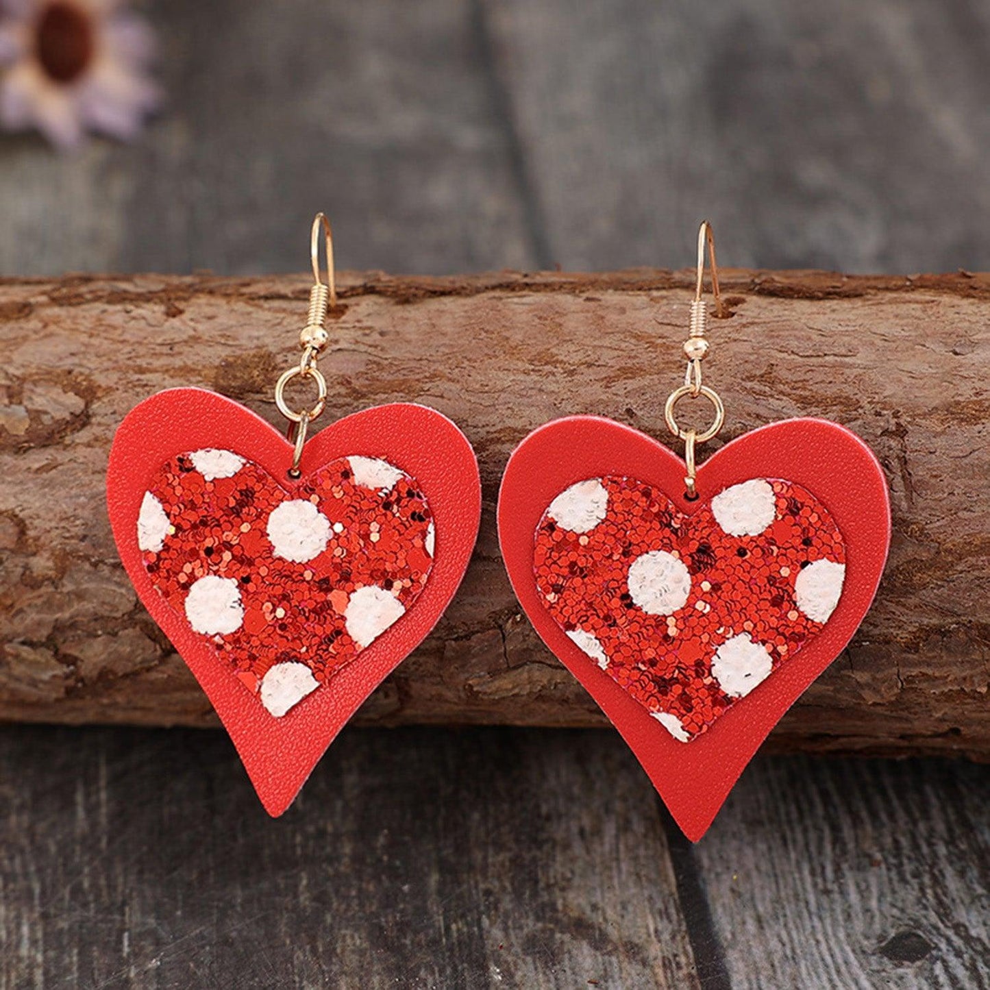 Sequin Heart Leather Drop Earrings Red One Size