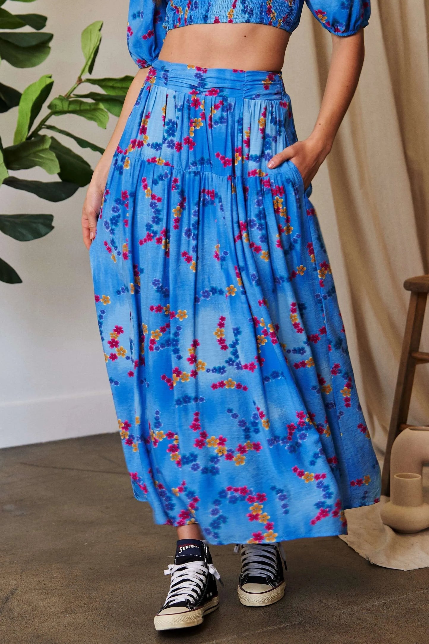 Davi & Dani Printed Smocking Waistband Ruffled Maxi Skirt OCEAN BLUE