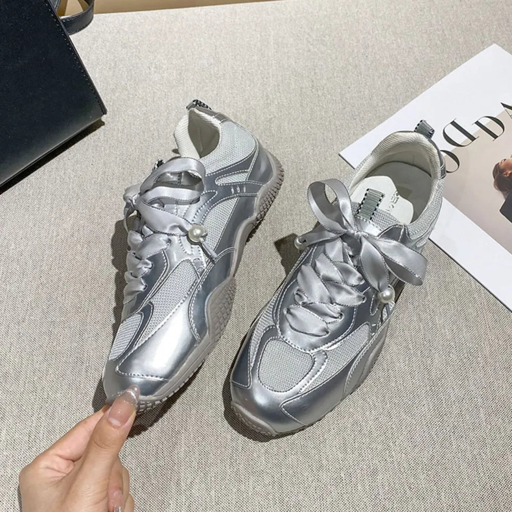 Round Toe Flats Sneakers Silver