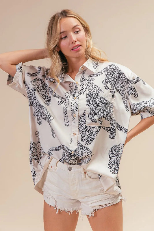BiBi Leopard Print Short Sleeve Silky Satin Shirt Top