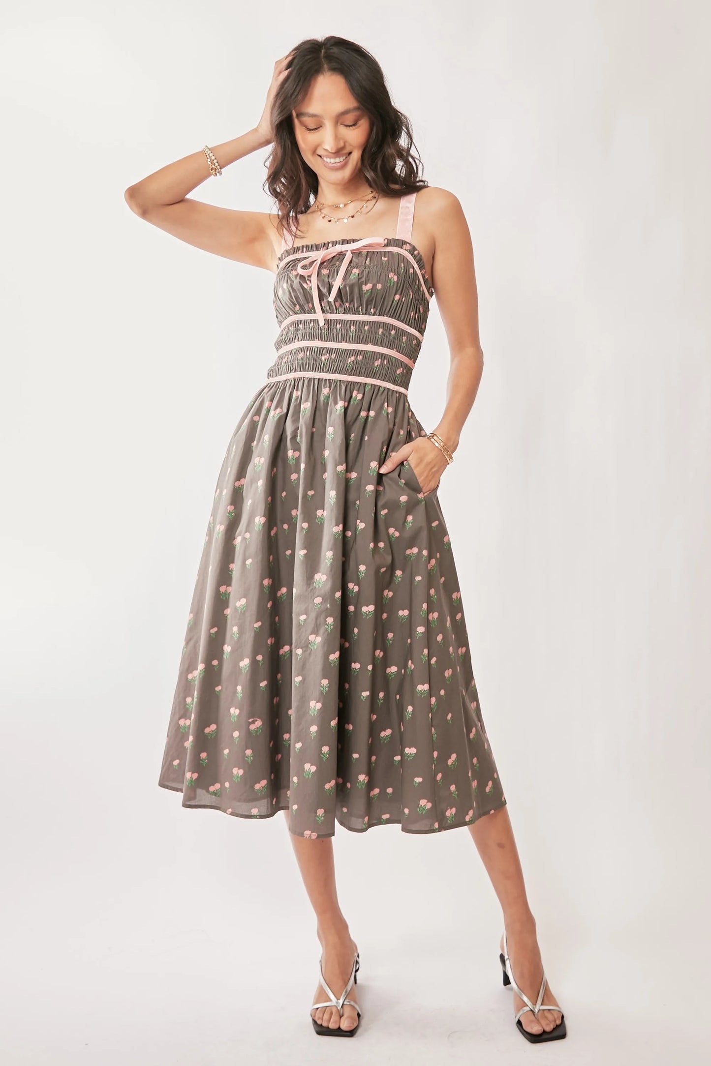 Davi & Dani Contrast Velvet Tape Smocking Bodice Midi Dress MOCHA BROWN