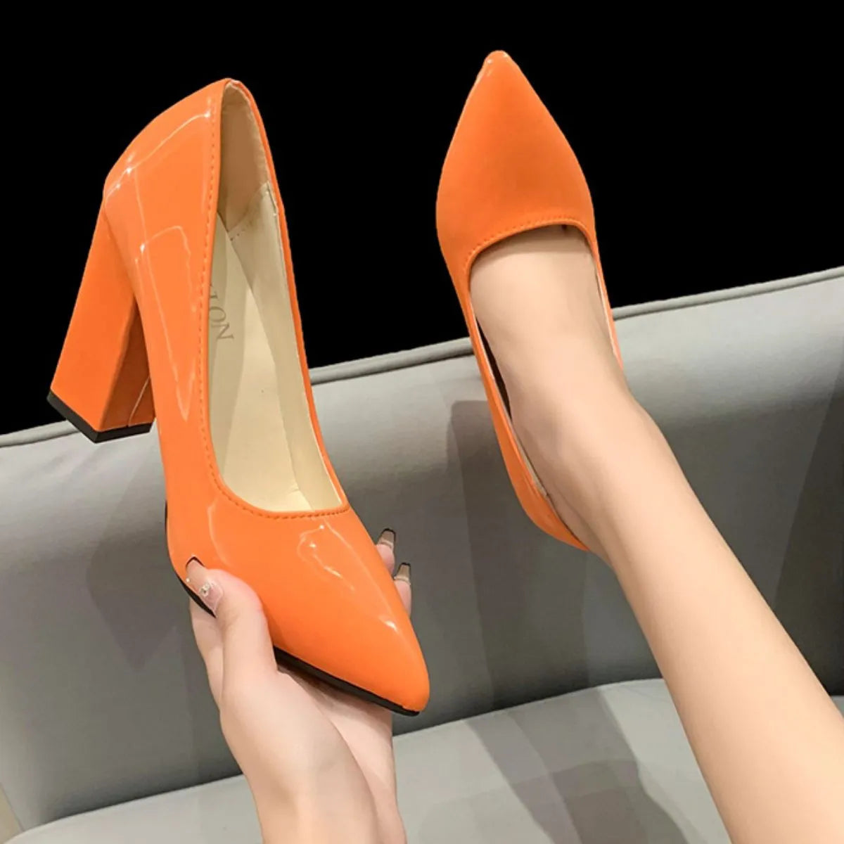 Point Toe Block Heels Pumps Tangerine